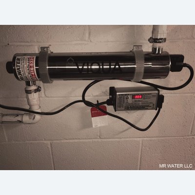 Close-up of a Viqua stainless steel ultraviolet disinfection light system