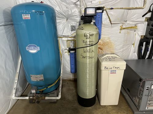 Well pressure tank, EcoSoft 64K water softener, and brine tank installed together