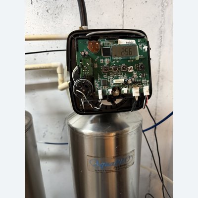 Close-up of an AquaPRO control valve circuit board and display
