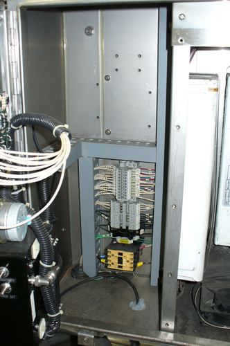 Interior wiring of a commercial control cabinet relay panel