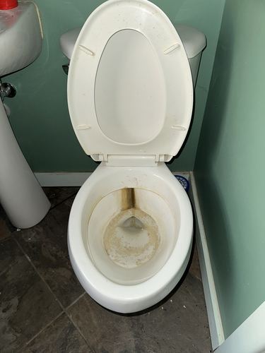Toilet bowl showing iron and mineral staining from untreated water