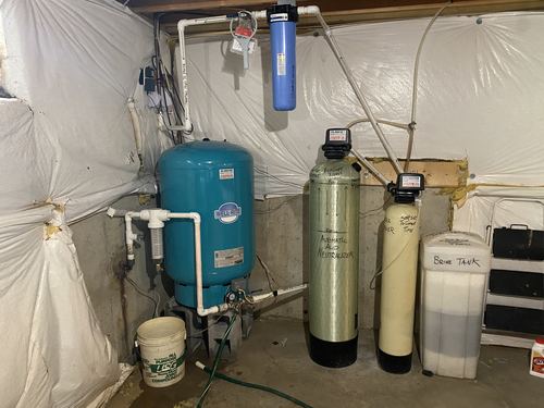 Well-Rite pressure tank, EcoSoft acid neutralizer, water softener, and brine tank installed together
