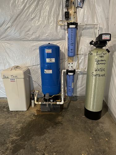 Brine tank, pressure tank, whole-house filters, and EcoSoft 48K water softener installed together