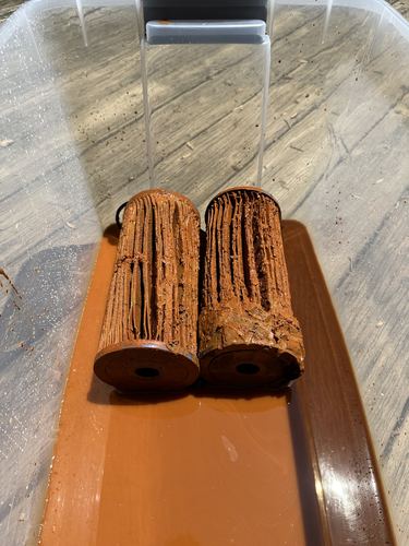Iron-stained filter cartridges removed during a water treatment service call