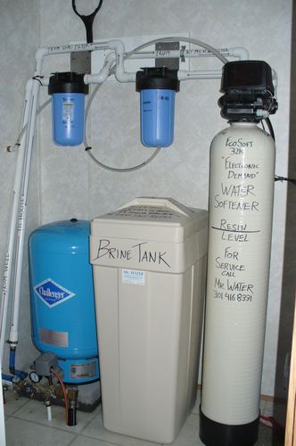Dual whole-house filters, water softener, and brine tank installed together
