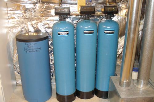Lancaster water softener and dual color-taste-odor filters with a brine tank