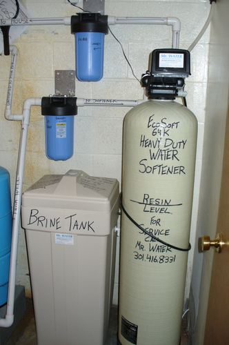 EcoSoft 64K heavy duty water softener with dual whole-house filters and a brine tank