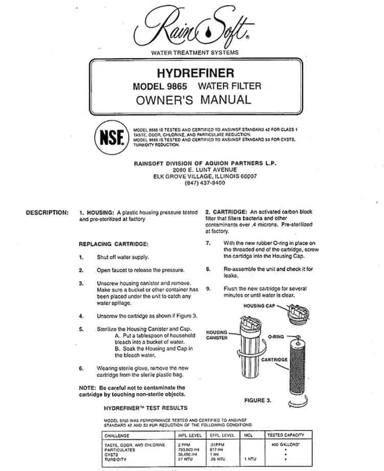 RainSoft 9865 HYDREFINER filter owners manual