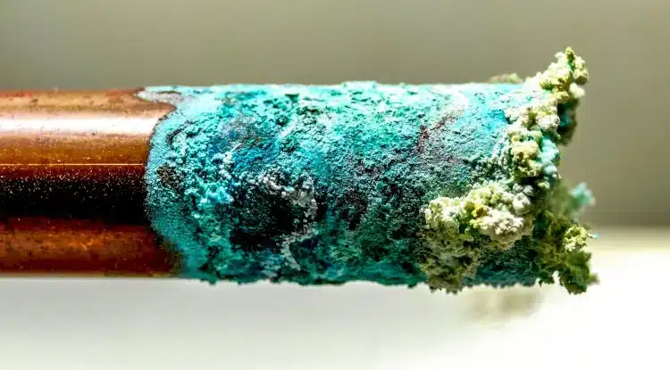 Corroded copper pipe from acidic well water