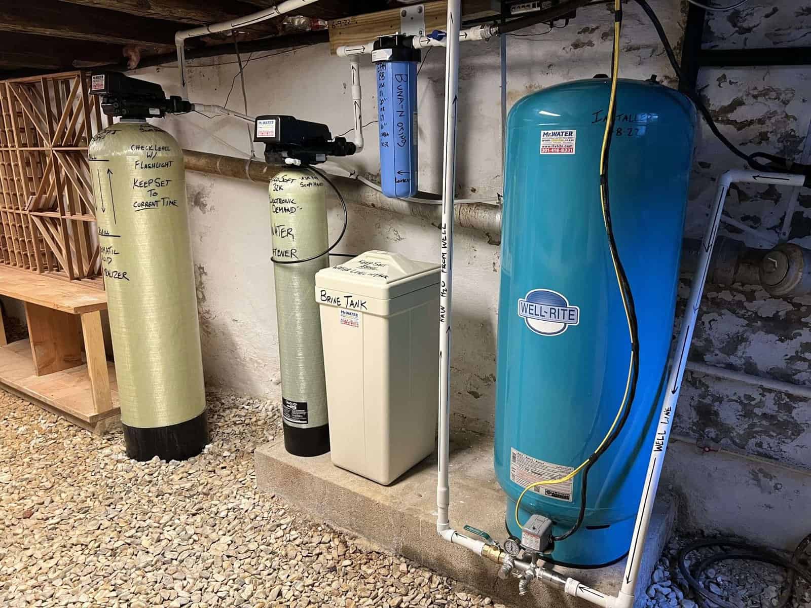New 81 gallon Well Tank, 6.0 cubic foot Acid Neutralizer, 32,000 grain Water Softener and 20-inch EPM-BB (carbon) post-filter