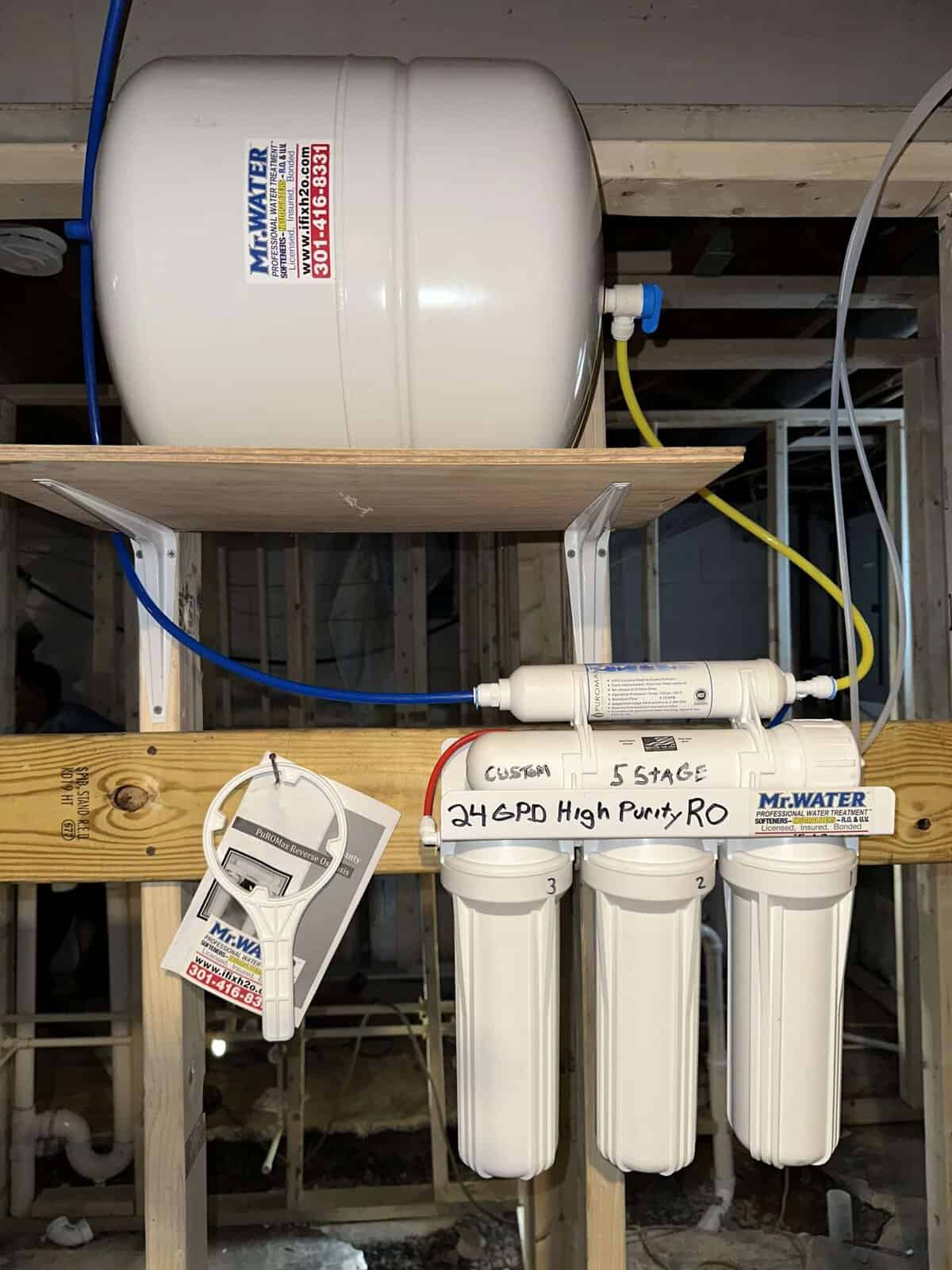 5 Stage High Purity 24 GPD Reverse Osmosis System installed under the kitchen sink by Mr. Water LLC