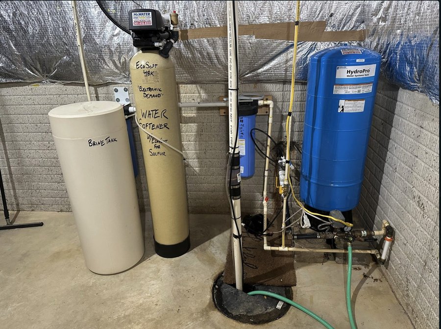 EcoSoft 48K electronic-demand water softener with an air injection sulfur system, 20-inch big blue sediment filter, brine tank, and pressure tank installed in a Hedgesville, WV basement