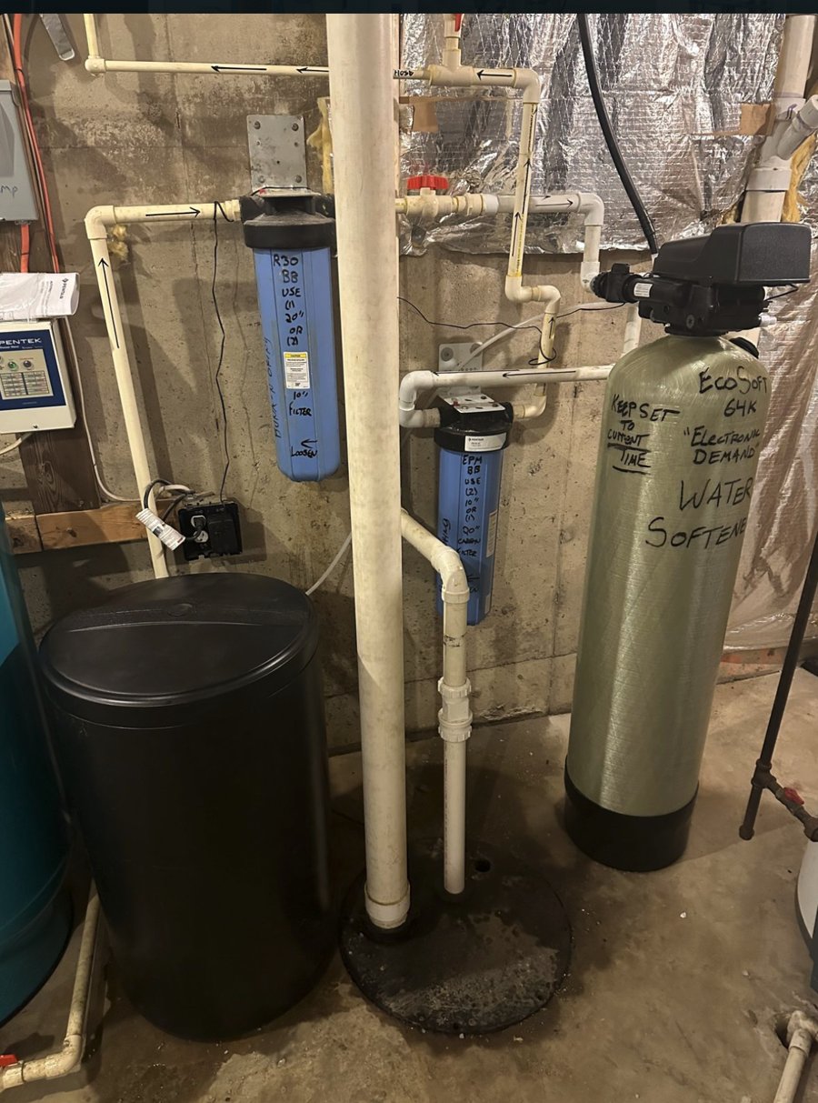 Water softener, whole-house filters, and brine tank installed together for a well in the Harpers Ferry area